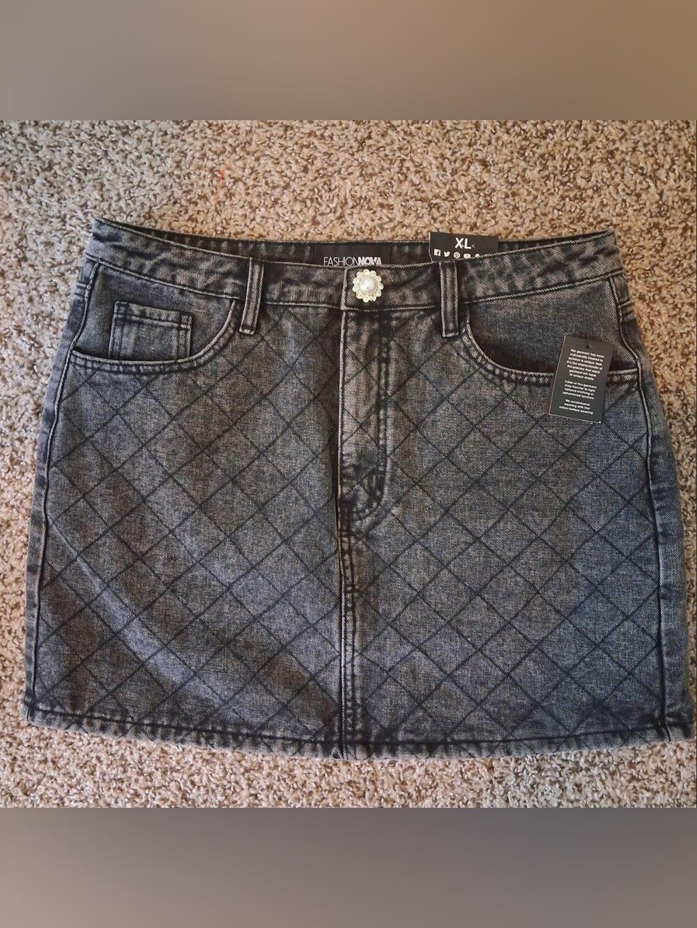 Fashion Nova Black Denim Quilted Patterned Skirt